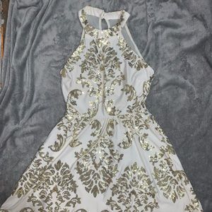 White and gold sequined cocktail dress
